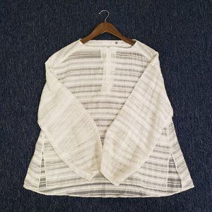 Elaine Kim Womens 1/4 Zip Sheer White Top Size L Long Sleeve Striped Cupro Blend